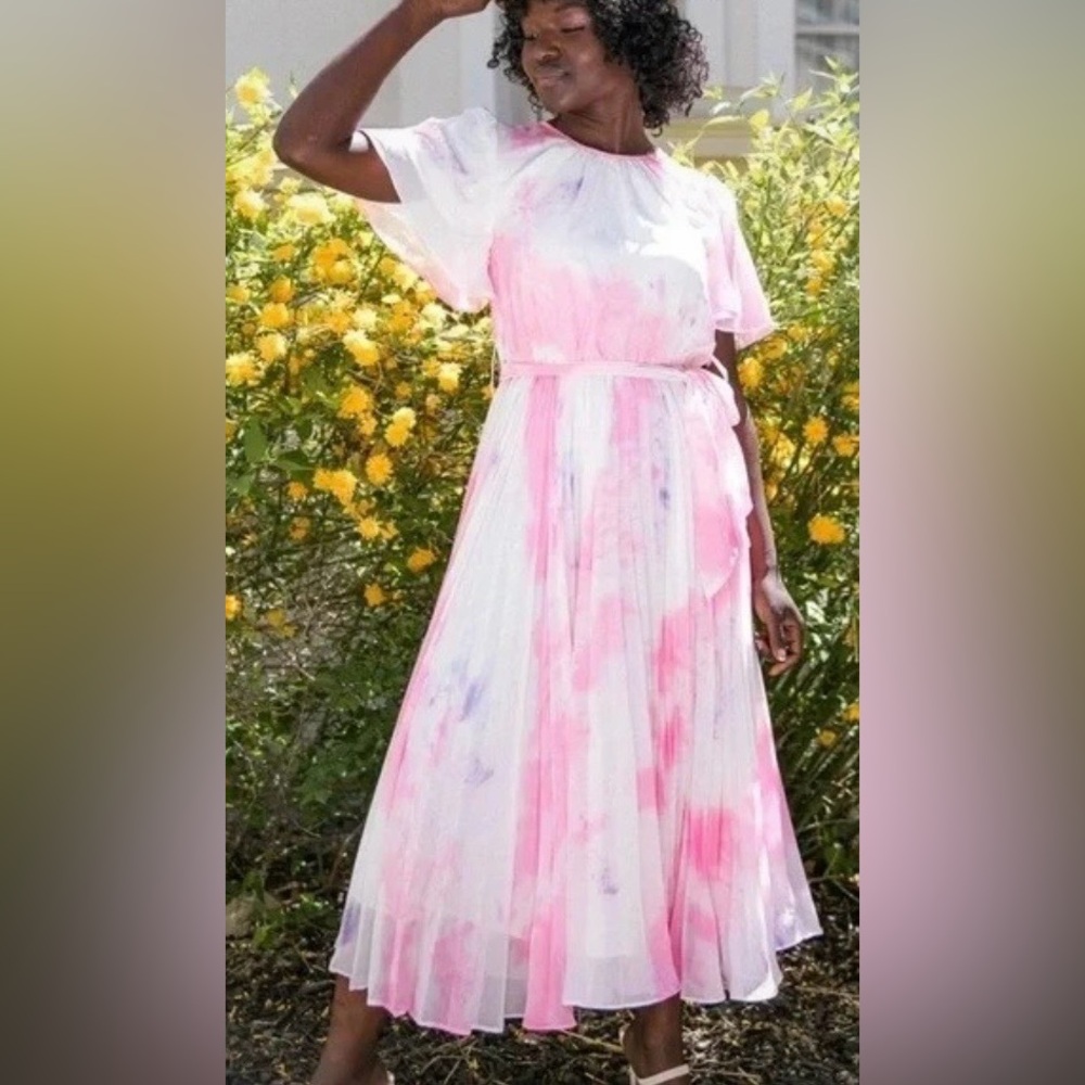 Ivy City Co Short Sleeve Lovers Dress Pink & Blue Full Accordion Midi Skirt ZB6